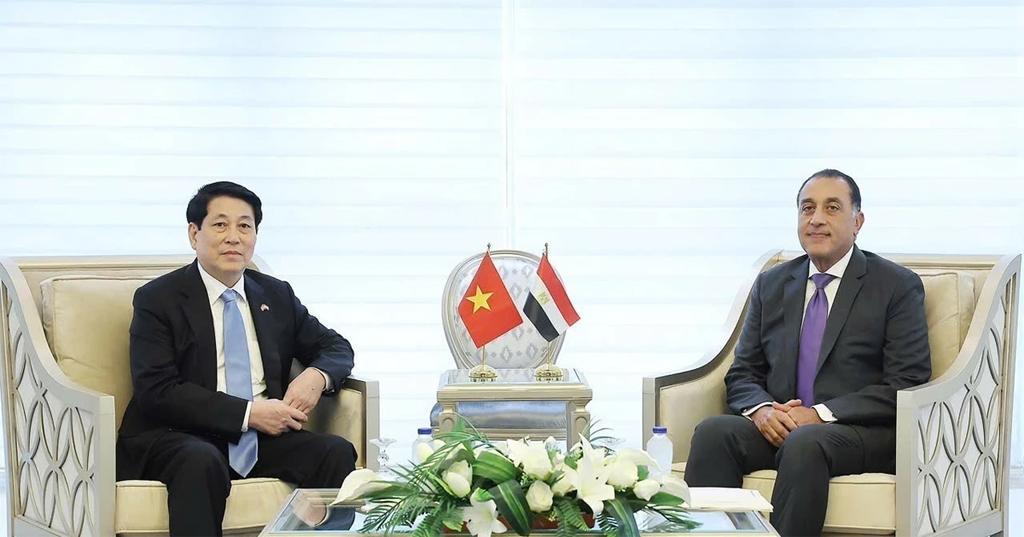 State President Luong Cuong (L) meets with Egyptian Prime Minister Mostafa Madbouly in Cairo on August 5, 2025 (local time). Photo: VNA