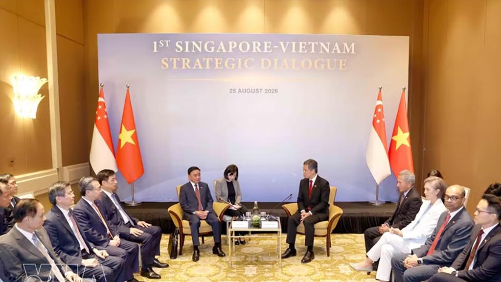 The official welcome ceremony is held in Singapore on August 25 for Member of the Political Bureau and Standing Member of the Secretariat of the Communist Party of Vietnam Central Committee Tran Cam Tu. (Photo: VNA)