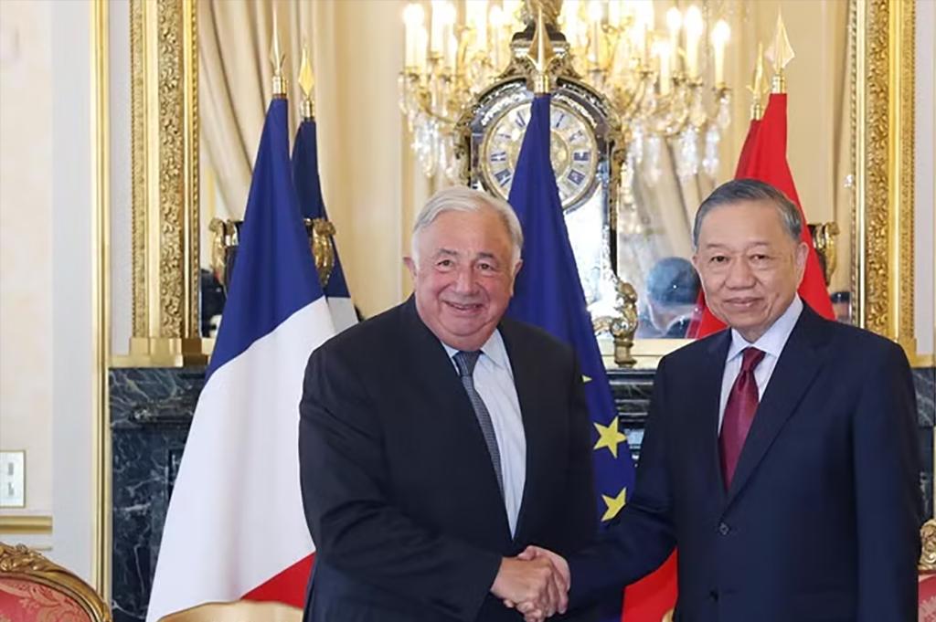 General Secretary of the Communist Party of Vietnam Central Committee and President To Lam (R) and President of the French Senate Gérard Larcher. (Photo: VNA)