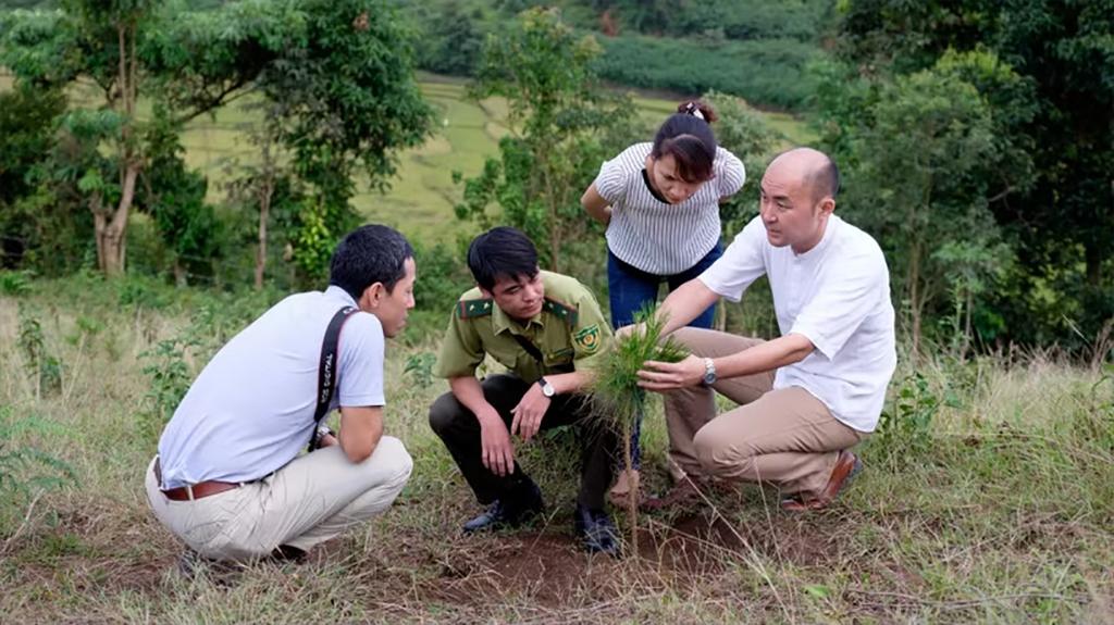 Baku Takahashi, a JICA expert, provides guidance on tree planting in Muong Phang Commune, Dien Bien Province. (Photo: JICA)