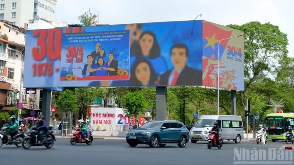 Ho Chi Minh City is adorned with flags, banners, and slogans celebrating the 51st anniversary of the Liberation of the South and National Reunification. (Photo: THE ANH)