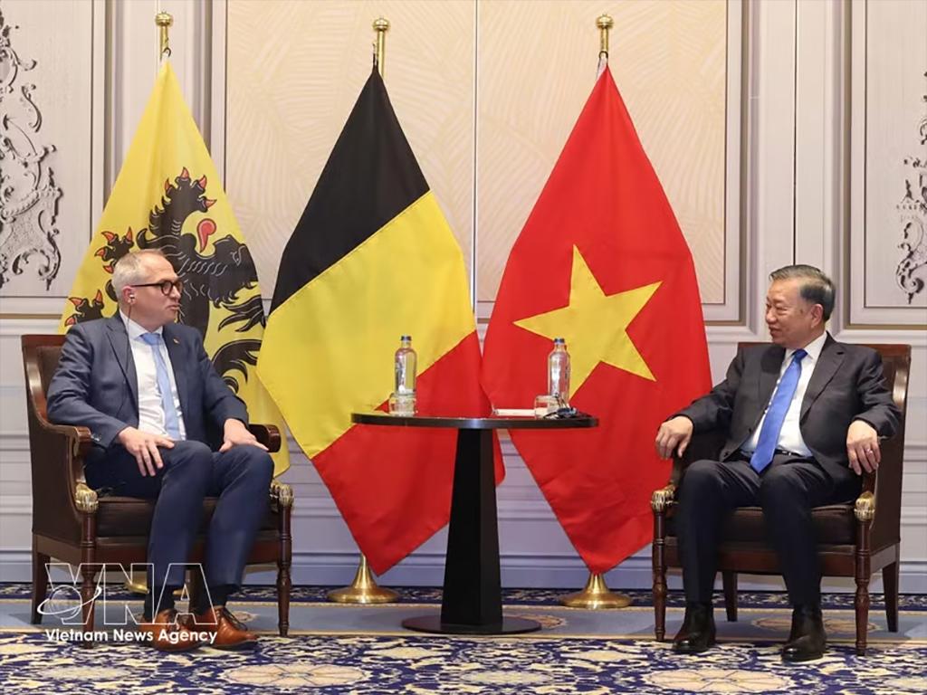 General Secretary of the Communist Party of Vietnam Central Committee and President To Lam (R) receives Minister-President of Flanders Matthias Diependaele on October 23. (Photo: VNA)
