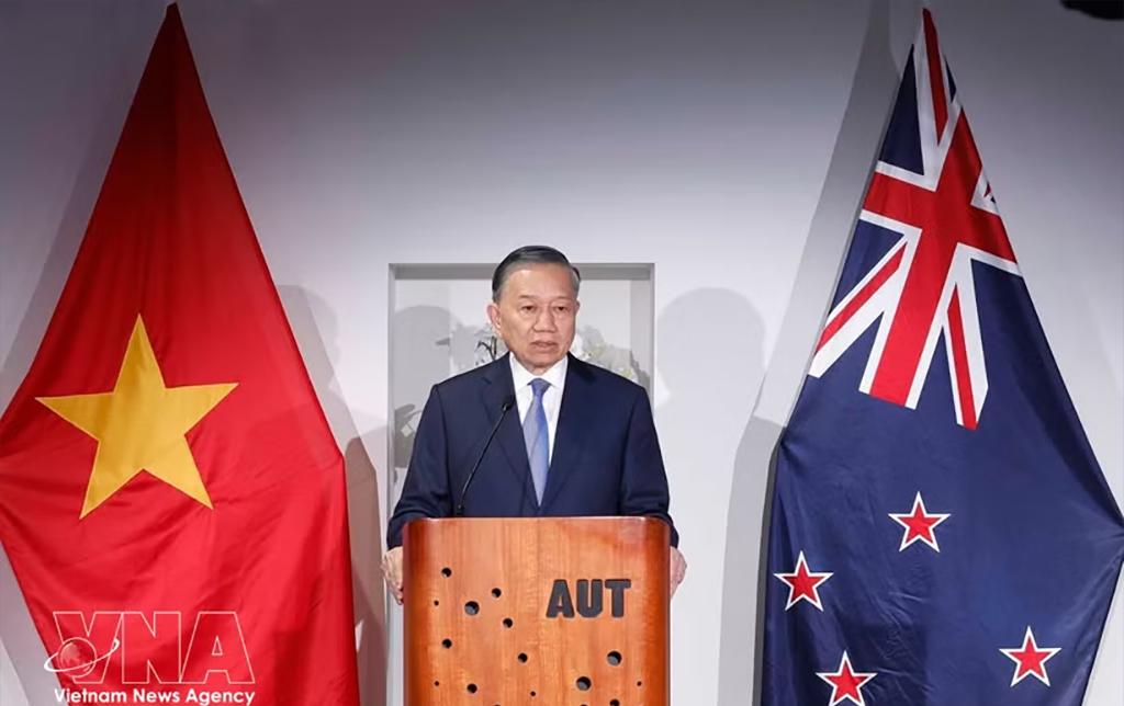 General Secretary of the Communist Party of Vietnam Central Committee and President To Lam addresses the 2026 Vietnam New Zealand higher and vocational education forum in Auckland on August 13, 2026. (Photo: VNA)